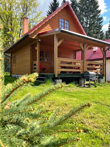 Drewniany domek Stolove Chatki pośród zieleni